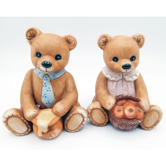 Set of 2 Homco Bears Mama with Apples Papa with a Honey Pot 4 inches Vintage 80s - Picture 1 of 12